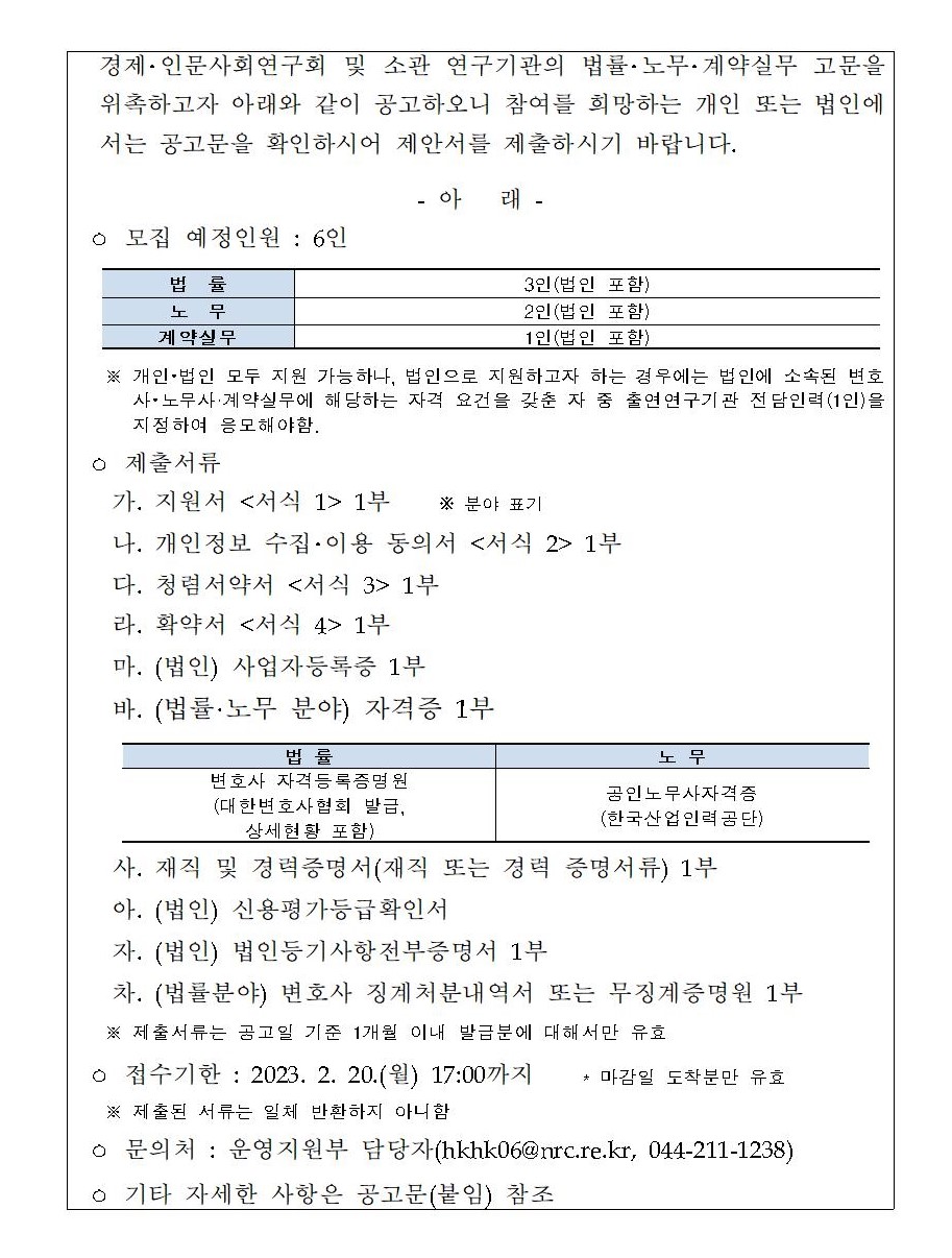 2023년도 출연연 법률·노무·계약실무 고문 위촉 공고(하단 내용 참조)
