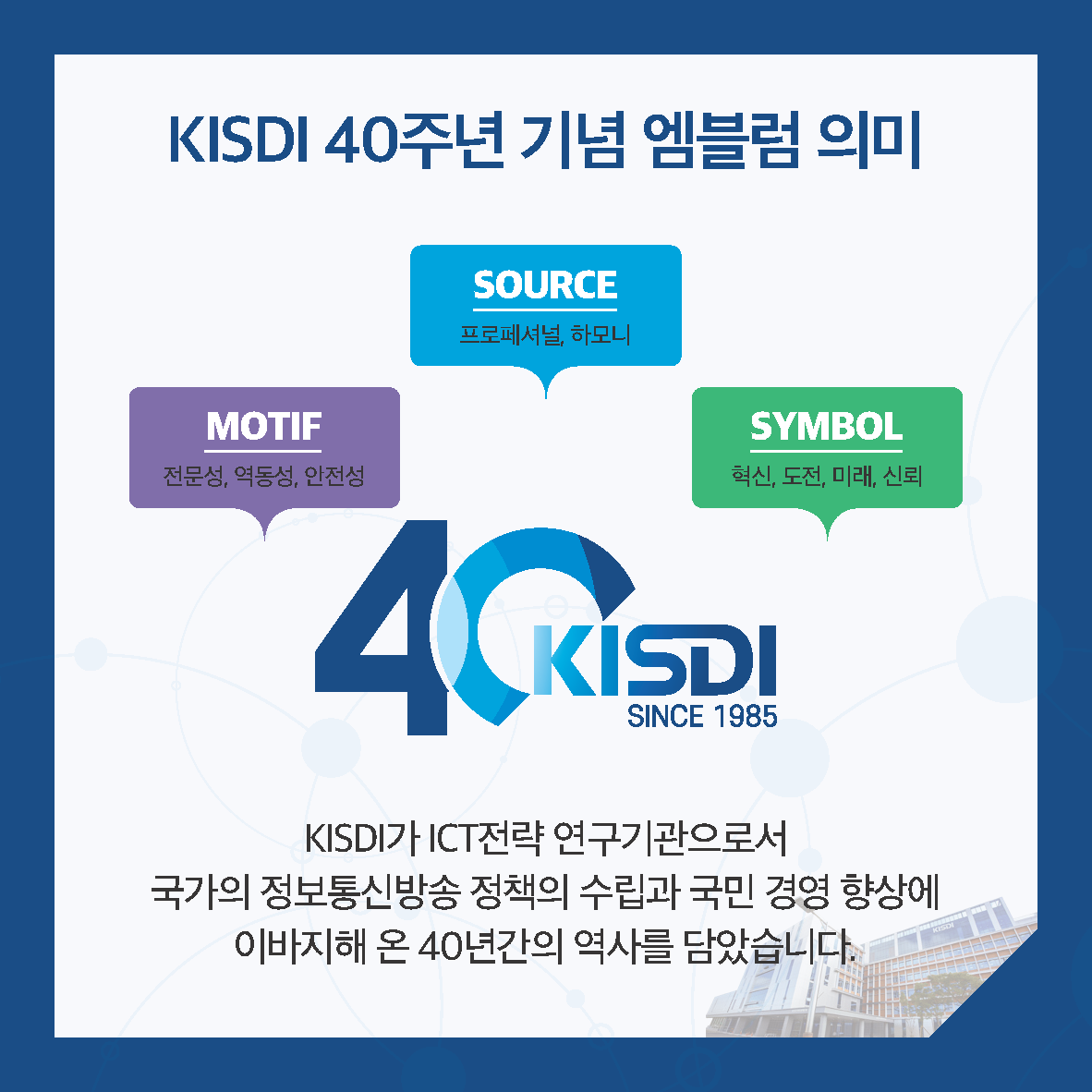 KISDI 40주년 기념 엠블럼 의미 SOURCE 프로페셔널, 하모니 / MOTIF 전문성, 역동성, 안전성 / SYMBOL 혁신, 도전, 미래, 신뢰 KISDI가 ICT전략 연구기관으로서 국가의 정보통신방송 정책의 수립과 국민 경영 향상에 이바지해 온 40년간의 역사를 담았습니다.