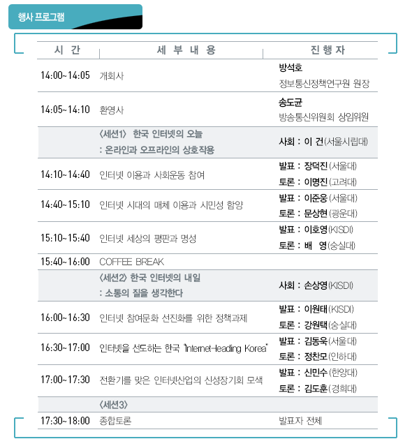 행사 프로그램 <세션1>  한국 인터넷의 오늘: 온라인과 오프라인의 상호작용