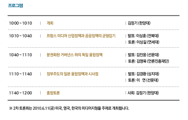 프로그램 10시부터 12시까지   ※ 2차 토론회는 2010.6.11(금) 미국, 영국, 한국의 미디어지형을 주제로 개최됩니다.